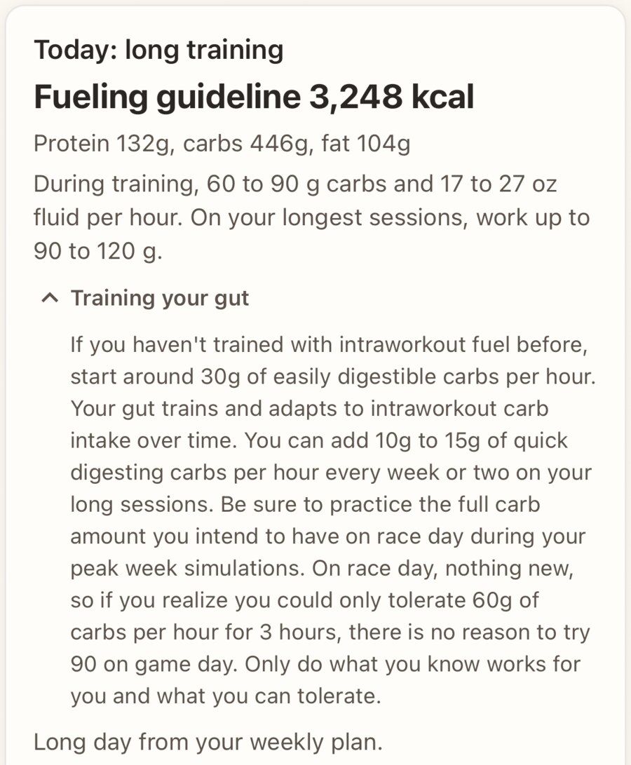 Augur's training card on a long day with the Training your gut note open