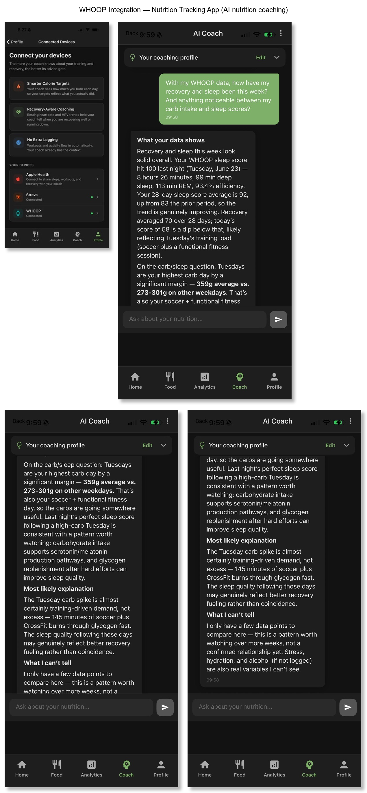 Augur screens showing WHOOP connected under Connected Devices, and the AI Coach answering a question about recovery, sleep, and carb intake using the member's real WHOOP sleep score, recovery, and training data.